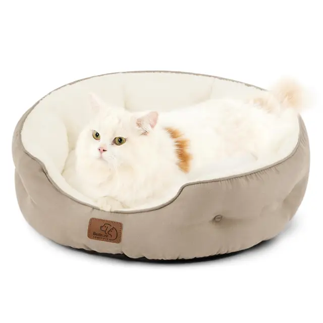 Bedsure Cama Grande Lavable Gatos - Redonda Antideslizante Interior para Gatitos y Cachorros, Camello 51x48x15cm
