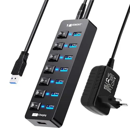 VEMONT - Hub USB Activo 3.0 con Fuente de alimentación, Distribuidor USB de 7 Puertos y 1 Carga Inteligente con 5 V/3 A, Divisor con Interruptor Individual y Cable de 1,2 m de Largo para PC/Ordenador
