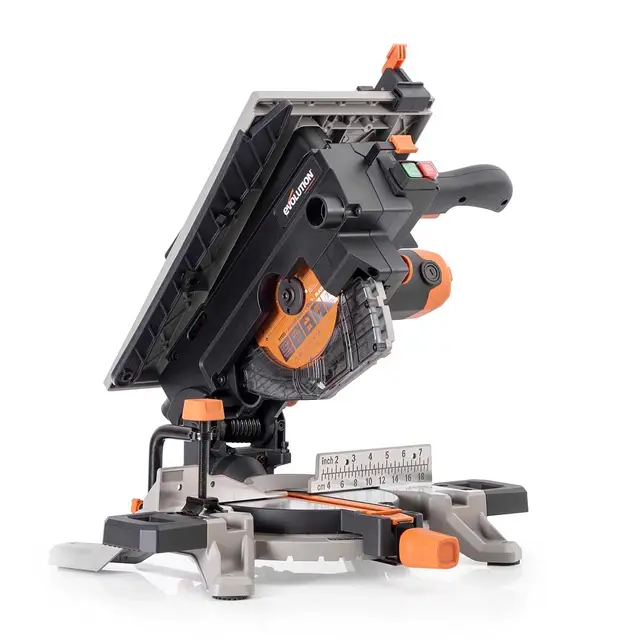 Evolution Power Tools R210MTS-G2 Sierra híbrida convertible de mesa/ingletadora, compacta y portátil, corte multimaterial, corta madera, metal, plástico, etc.; incluye una hoja de 210 mm