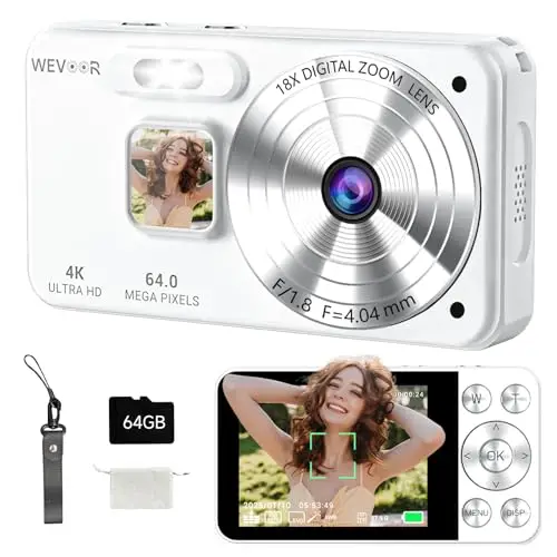 Cámara de Fotos 4K 64MP, Wevoor Camara Digital 64GB con 2.8" Pantalla, Zoom Digital 18x, 2000mAh Digital Compact Cameras, Camara Fotos Portátil para Principiantes Niños Adolescentes - Blanco