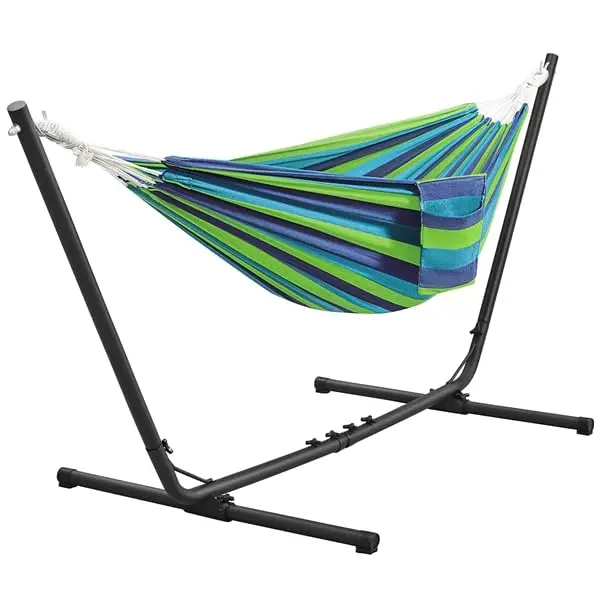 Yaheetech Hamaca con Soporte de Metal para Jardín Portátil - Largo Ajustable, 2 Personas, Acero Duradero, Interior y Exterior, Camping, Carga 205Kg, Rayas Azules y Verdes