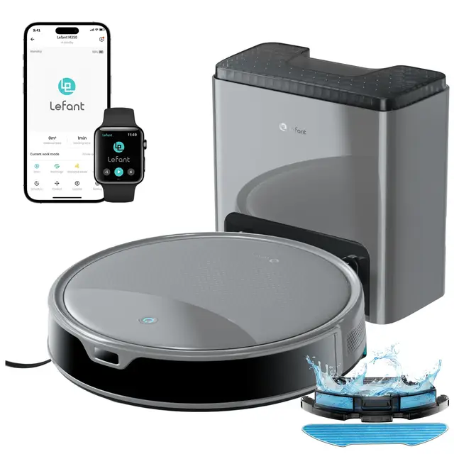 Lefant M350 Robot Aspirador y Fregasuelos con Mapeo Láser ToF, Cuerpo Ultra Delgado 7.9 cm, Succión 6000 Pa, Autovaciado 75 Días, Ideal para Apartamentos, WiFi/Alexa/App,Gris