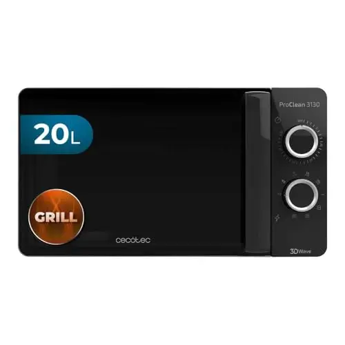 Cecotec Microondas con Grill Negro ProClean 3130. 700 W en 6 Niveles, Capacidad de 20 L, Revestimiento Ready2Clean, Tecnología 3DWave, Diseño puerta FullCrystal y Detalles metálicos