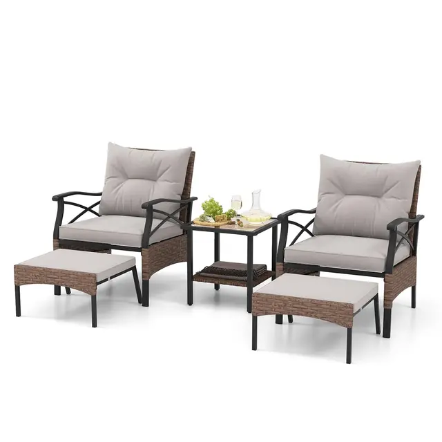 COSTWAY Conjunto Mesa y Sillas Jardin 5 Piezas de Ratán,1 Mesa Auxiliar de Vidrio Templado, 2 Sillas de Ratán PE y 2 Otomanas, Cojines Extraíbles,Conjunto Jardin Exterior Balcon Terraza (Marrón+Gris)