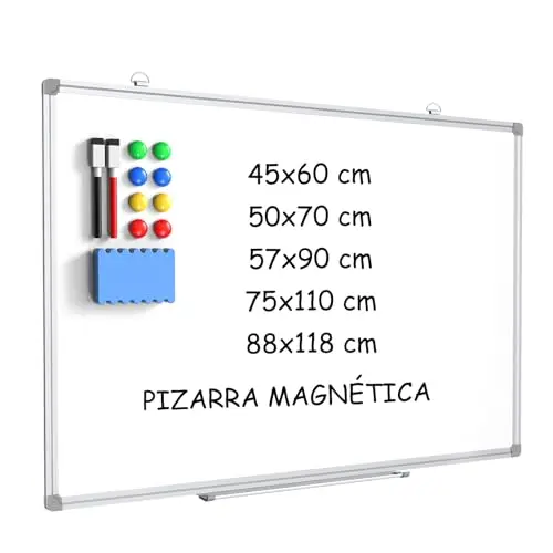 DOLLAR BOSS Pizarra blanca magnética de 50 x 70 cm, pizarra magnética con 2 rotuladores para pizarra blanca, 8 imanes y 1 goma de borrar, para escuela, hogar y oficina