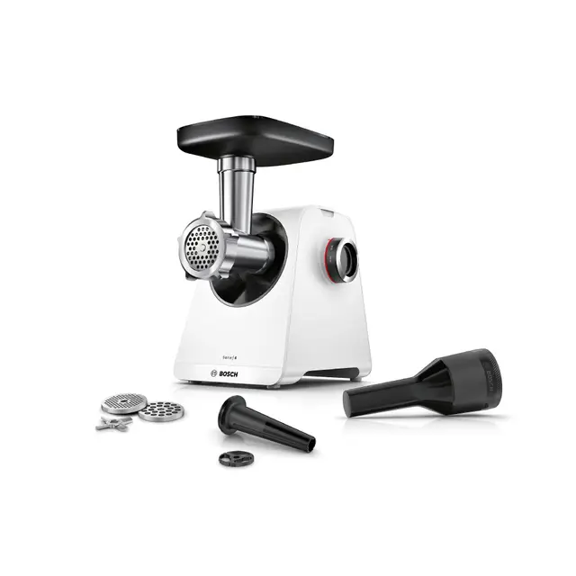 Bosch - Picador de carne, MultiPower, Serie 4, 1900 W, Molinillo, Accesorio para salchichas, Blanco, MFWS420W