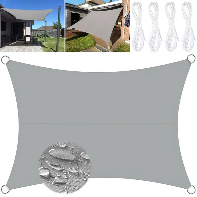 Toldo 3x4m, impermeable, solar y anti-viento, rectangular, cuerdas de fijación, tela para jardín, balcón y terraza, color gris