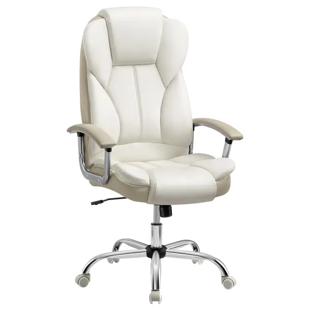 SONGMICS Silla de Oficina, Silla de Escritorio, Silla de Juego con Reposabrazos, Silla de Ordenador, Silla Ejecutiva, Altura Ajustable, para Estudio, Blanco Crema y Marrón Camello OBG057W01