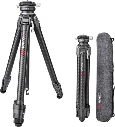 COMAN Zero Y Trípode de cámara Tripod Carbon Fibre con Cabeza esférica panorámica de 360° y trípode de vídeo Arca Swiss para Todas Las cámaras DSRL, Columna Central cargable hasta 18kg
