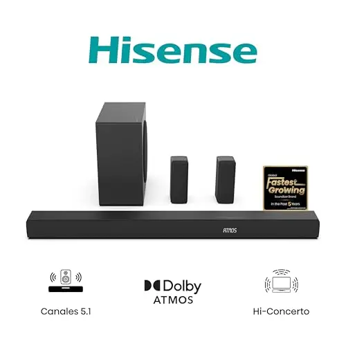 Hisense AX5100Q - Barra de Sonido 5.1, 580W, 8 Altavoces, Subwoofer y Altavoces Traseros Semi-Inalámbricos, Dolby Atmos, Hi-Concerto, HDMI eARC, Bluetooth 5.3, Ez Play