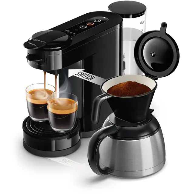 PHILIPS Domestic Appliances SENSEO Switch 2 en 1 - Cafetera de Goteo y Monodosis, Depósito de Agua de 1 Litro, Jarra Termica, 7 Tazas en una Sola Pasada, Negro (HD6592/64)