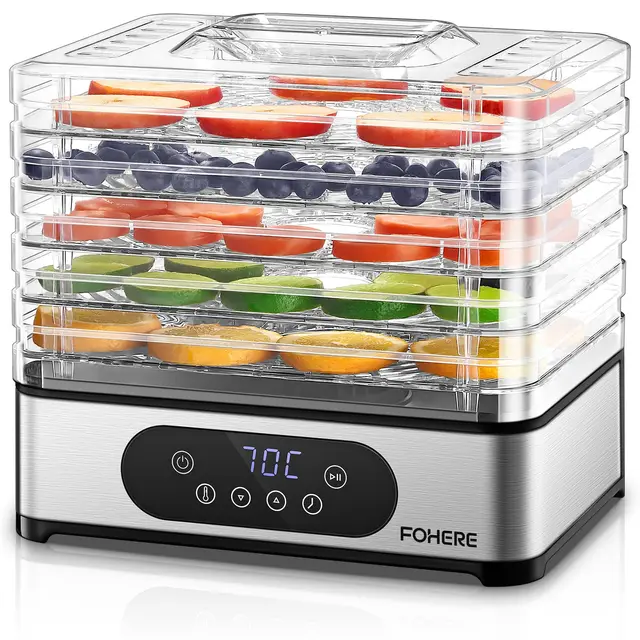 Deshidratador de Alimentos 420W FOHERE, Pantalla LED, Inox Deshidratadora con 5 Bandejas Altura Regulable, Temporizador 30 min a 48 hs, Temperatura 35°-70°, para Frutas, Carnes, Verduras y Hierbas