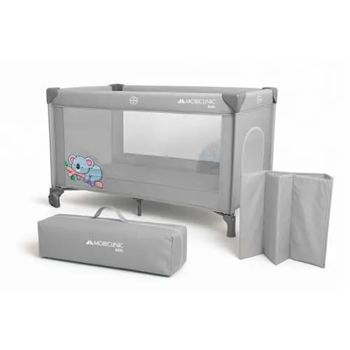 Mobiclinic®, Cuna de Viaje, Bolsa Transporte, 2 en 1, Plegado ultracompacto, Colchón extraíble, Mofli, hasta 15kg, Tela Transpirable, Entrada Lateral con Cremallera, Parque bebé, Ruedas (Gris)