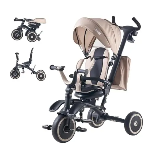VEVOR Triciclos Plegable para Niños de 1,5 a 5 Años, Triciclo Infantil con Manillar de Empuje, Capota, Asiento Giratorio, Espacio de Almacenamiento, Cuadro de Acero al Carbono, Caqui y Negro