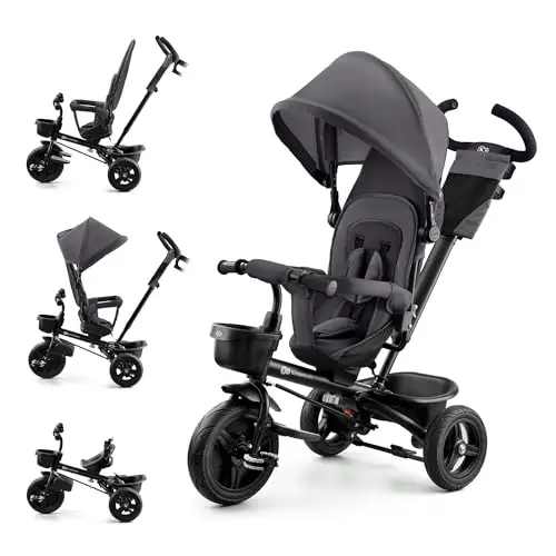Kinderkraft Aveo Bebé, Plegable, Trike, Bicicleta para Niños, Triciclo Evolutivo, Sin Pedales, Bicicleta Bebe, con Accesorios Práctico, Dos Cestas, 9 Meses a 25 kg, Gris