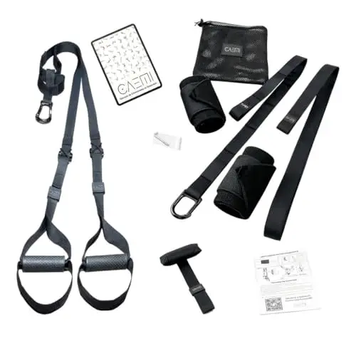 Correas de entrenamiento en suspensión, Set con Anclaje Ajustable, Fitness en Casa Adecuado para Viajar y Entrenar en Interiores y Exteriores. Incluye muñequeras para mayor sujeción.