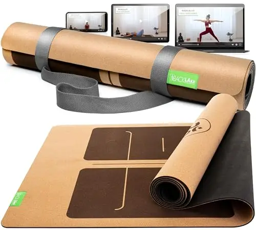 BACKLAxx ® Esterilla yoga de corcho con caucho natural – Esterilla yoga antideslizante libre de contaminantes con zonas antideslizantes – incl. correa de estera y videos de aplicación – Yoga mat