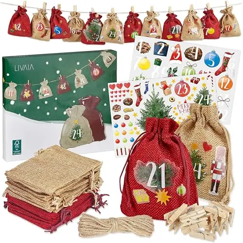 Calendario adviento para Rellenar: Bonito Calendario adviento de Yute con saquitos, Adhesivos y Pegatinas de Cifras – Calendario adviento 2025 Manualidades – Calendario adviento para Hacer LIVAIA