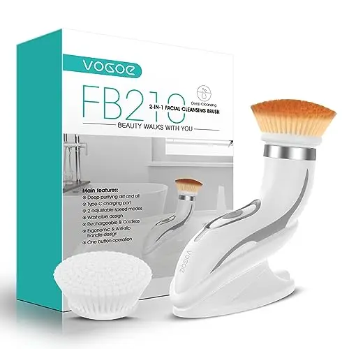 VOGOE Cepillo Limpiador Facial Eléctrico, Recargable Limpieza Facial Impermeable IPX6, Giratoria Maquina Cepillo Faciales con 2 Cepillos y 2 Velocidades para Exfoliante y Masaje FB210 (Gris)