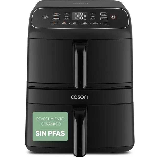 Cosori Air Fryer Turbo Tower Compacto 8,6 Litros, Freidora de Aire con Revestimiento Cerámico sin PFAS ni Teflon, Airfryer de Doble Cesta Vertical con Turbo Blaze, 6 Funciones, Recetas en App, 2600W
