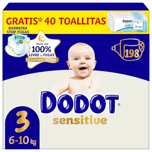 Dodot Pañales Bebé Sensitive, Talla 3 (6-10 kg), 198 Pañales + Regalo de 40 Toallitas Aqua Pure 99% Agua, Hasta 12 h De Protección Antifugas y Cuidado de la Piel, Pack Mensual