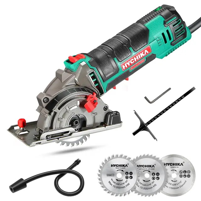 HYCHIKA Mini Serra Circular Manual de 500W e 4500 rpm, 3 lâminas de serra de 30T, 36T e diamante, ideal para cortar azulejos, madeira, metal macio, plástico