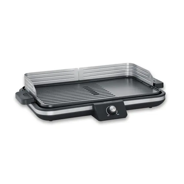 SEVERIN Parrilla Eléctrica, plancha grill de mesa, 2.300 W hasta 230°C, con revestimiento cerámico y pantalla LED, para carne, pescado, marisco y verdura, acero inoxidable y negro mate, PG 8564