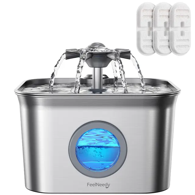 2.8L Fuente para Gatos Acero Inoxidable con 3 Filtros, FEELNEEDY Bebedero Gatos Ultra Silencioso, Filtración de Cuatro Capas, Fácil de Limpiar, Apta para Lavavajillas