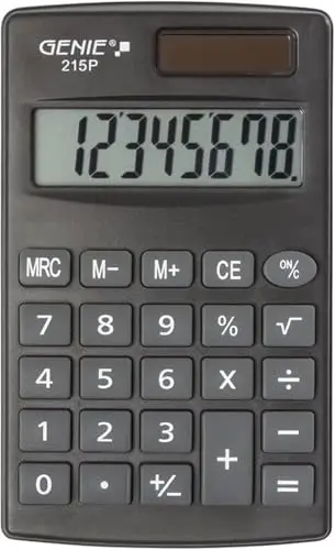Genie Calculadora de bolsillo de 215 dígitos P8 dígitos, doble potencia (solar y batería), diseño compacto, color gris