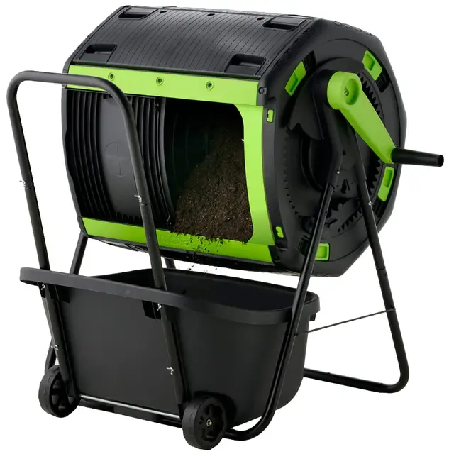 Compostador Rotativo de Doble Celda de Gran Capacidad 180 litros + Carro recolector de Compost ● Simplifica y acelera el compostaje ● Antiroedores