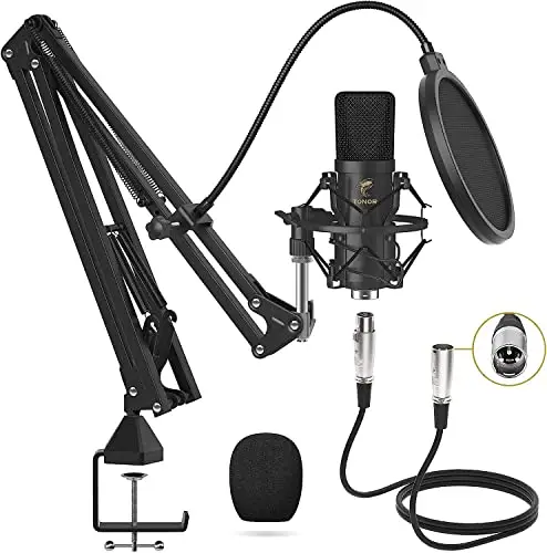 TONOR Micrófono de Condensador, Kit Micrófono Profesional Cardioide Estudio XLR Brazo, Soporte Amortiguador, Filtro Antipop Grabación, Podcast, Locución, Emisión, Home Studio, Youtube, TC20
