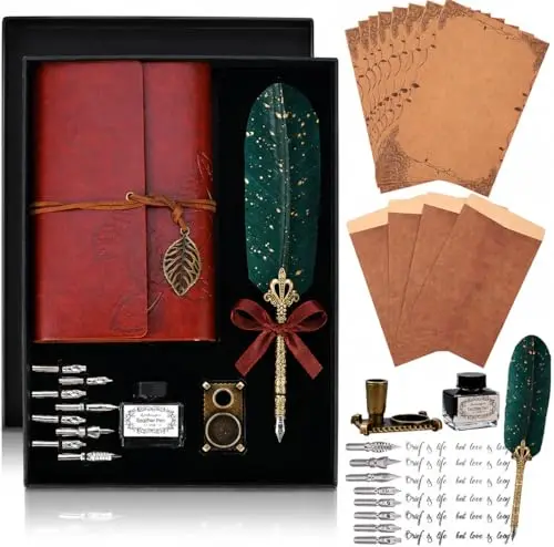Cieex Conjunto de Pluma de Plumaje con Cuader de Cuero Pluma Estilografica, Puntas, Tinta, Soporte Bolígrafos, Sobres, papeles, Mejor Regalo para Amantes de Artículos Retro