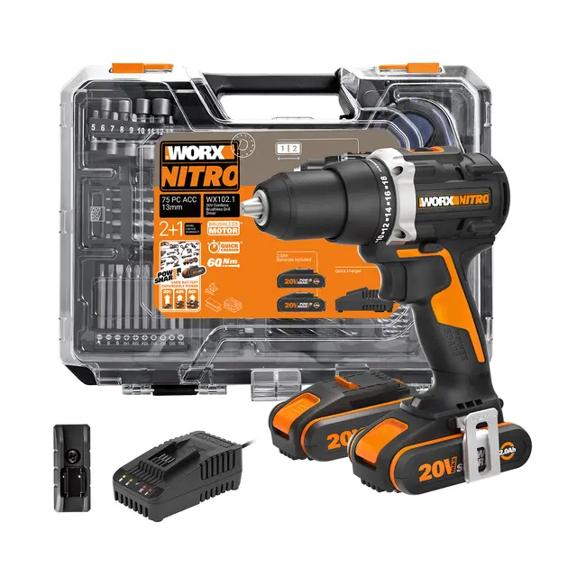 WORX NITRO 18V(20V MAX) Taladro Atornillador Eléctrico sin Cable WX102.1, Herramienta PowerShare, 60 Nm, Control de 2 Velocidades, Embrague de 18+1 posiciones