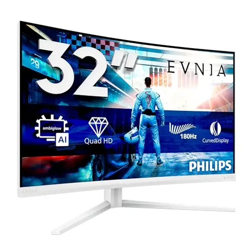 Philips EVNIA 32M2C5501 Monitor Gaming 32" QHD Curvo, 180Hz, WLED, 1 ms GtG, Fast VA, HDR10, Adaptive Sync., FreeSync Premium, Altura Ajustable (2560x1440, 2X HDMI 2.0, 1x DP 1.4) Blanco
