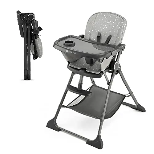 Kinderkraft FOLDEE Trona Bebé, ergonómica, cómoda, reclinable, plegable, con altura ajustable, reposapiés, bandeja doble desmontable, para niños pequeños, de 6 meses a 3 años, Gris