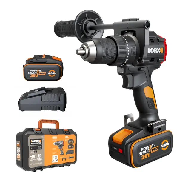 WORX - Taladro atornillador de percusión inalámbrico de 20 V WX356, par máximo de 85 Nm, motor sin rosca, diseño compacto, iluminación led integrada, viene con 2 baterías, cargador, mango auxiliar