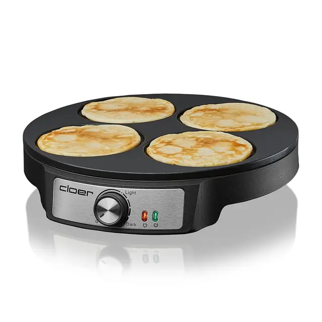 Cloer 6625 Pancake Maker, Mini Pancakes, para 4 tortitas pequeñas de 11 cm Ø cada una, 1200 W, revestimiento antiadherente, incluida volteador, negro