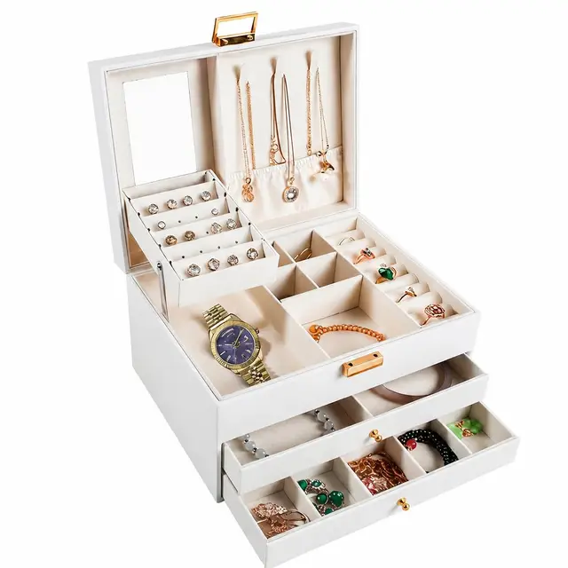 aichilra Joyero viaje, organizador de joyas grande para mujer, caja joyero organizador con espejo y múltiples compartimentos, color beige, material PU y madera