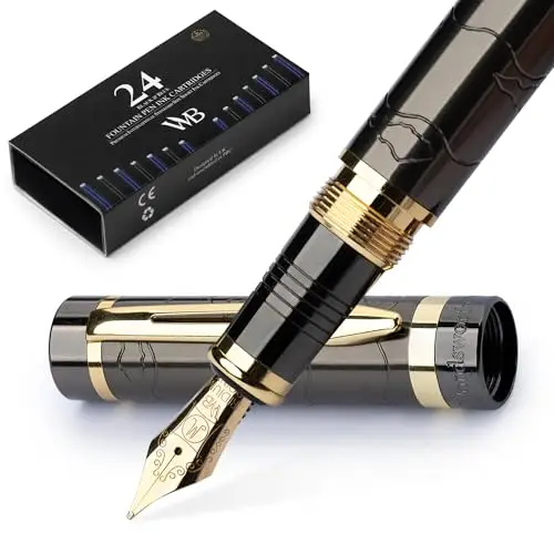 Wordsworth & Black Juego de pluma estilográfica Primori (Oro metalizado) de punta media con estuche de regalo, 24 cartuchos de tinta, convertidor de recarga de tinta, estuche de regalo, caligrafía