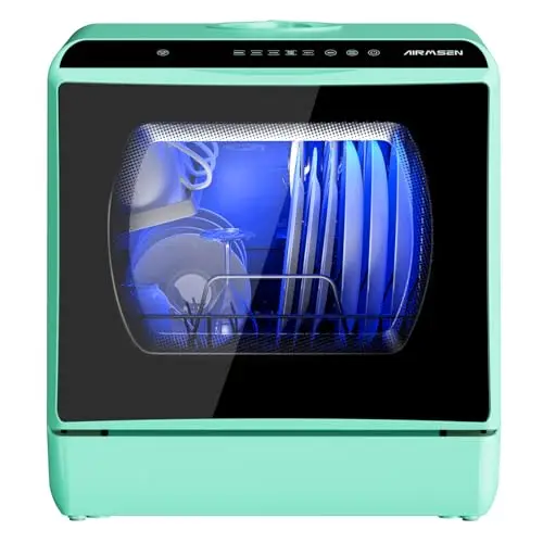 AIRMSEN Mini Lavavajillas de Sobremesa con 5+1 Programas, Depósito de 5 Litros, 2 Formas de Suministro de Agua, Control Táctil y Pantalla LED, Ideal para Cocinas Familiares, Apartamentos, Verde