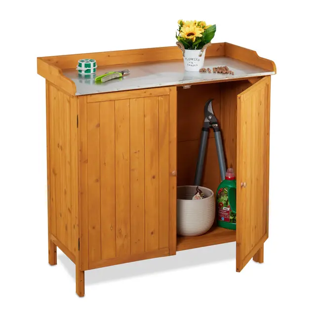 Relaxdays Mesa de Cultivo, Armario Almacenamiento Inferior, Madera, Superficie de Peltre, 94 x 94 x 47 cm, Naranja