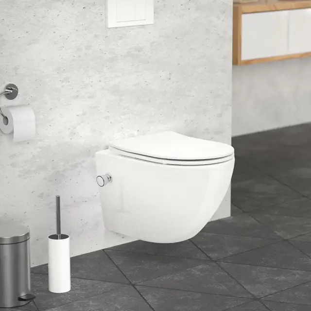 LuxeBath WC Cerámico Suspendido Corto 49cm con Función de Bidé con Nanorecubrimiento, Inodoro Colgante Blanco Mate sin Cisterna, Asiento de WC Extraíble con Softclose en Duroplast Bajada Automática