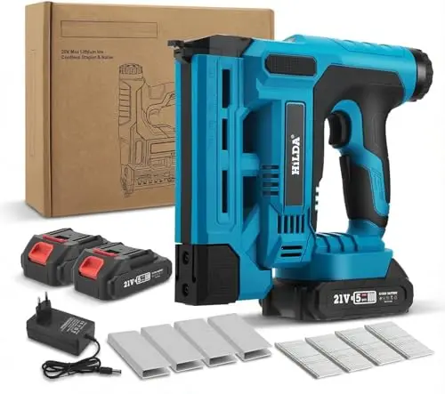 Pistola Clavadora y Grapadora Inalámbrica, Pistola de Clavos Eléctrica 18GA 21 V con Batería de 2×2,0 Ah y Cargador, 1000 Clavos y 1000 Grapas Incluidas para Bricolaje y Carpintería