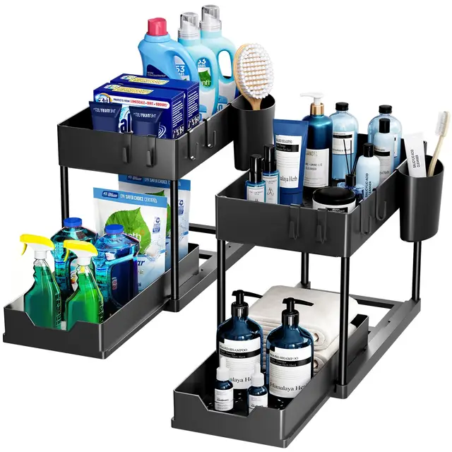 Puricon 2 Unidades Estantería Bajo Fregadero, Estante Organizador Mueble Bajo Fregadero Cocina Lavabo -Negro