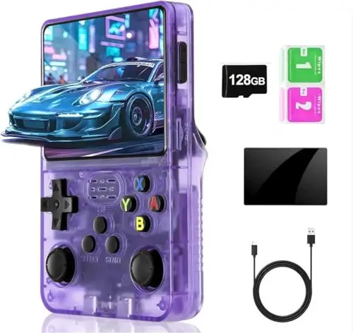 Consola de Juegos Retro R36S, Pantalla IPS de 3.5 Pulgadas, 128 GB, Más de 40000 Juegos Preinstalados, Sistema de Código Abierto, Doble Joystick, Batería de 3500mAh, Portátil para Adultos y Niños