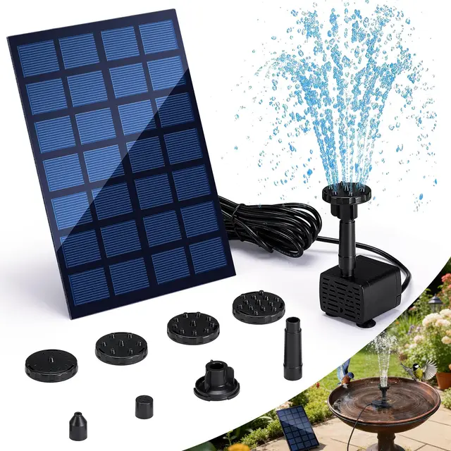 Fuente Solar Jardin Exterior 2.5w, Bomba de Agua Solar, 3M Cable con 6 Boquillas, para Jardín Baño de Pájaros, Pecera, Estanque Pequeño