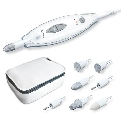 Beurer MP 41 Set de manicura y pedicura profesional, torno para uñas con 7 accesorios, luz LED, rotación derecha/izquierda, 2 velocidades, bolsa incluida