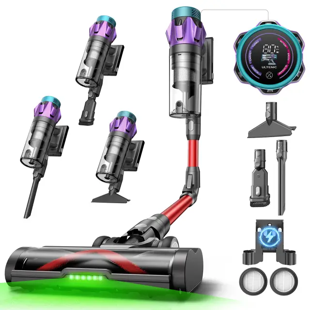 Ultenic U18Pro Aspiradora sin Cable 55Kpa/80Mins, Sistema Multiciclón, Display con Tiempo Restante en Minutos y Limpieza sin Agacharse, Escoba Aspirador Anti-enredos para Pelo de Mascotas y Alfombras