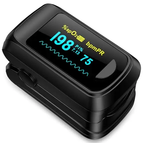 Healthtree JKS50B Pulsioxímetro de Dedo, Oxímetro de Pulso con PI, SpO2 y Frecuencia Cardíaca, Lectura Rápida 5-8s, Pantalla OLED Grande, para Hogar, Deportes, Viaje, Incluye Pilas AAA y Cordón
