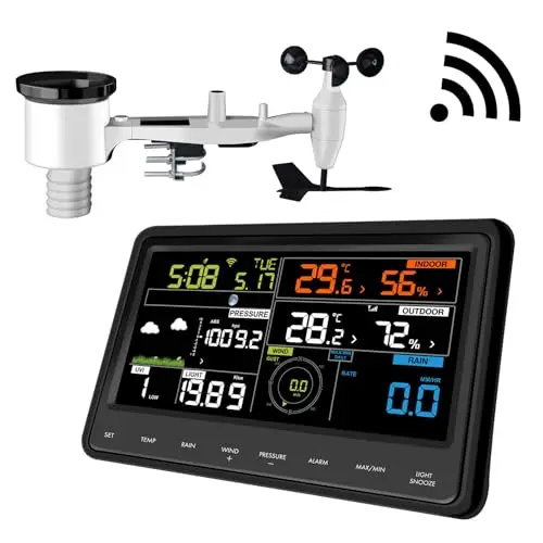 Ecowitt Estación meteorológica inalámbrica Wi-Fi - Estación meteorológica digital profesional con pantalla a color grande, sensor 7 en 1 para exteriores, sensor integrado para interiores, WS2910